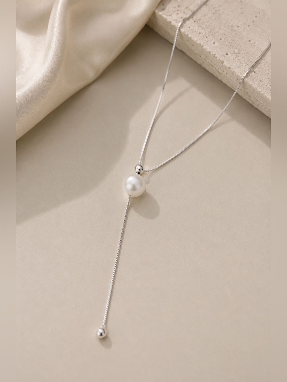 Elegant Silver Tone Pearl Lariat Y Necklace – Minimalist Long Drop Necklace